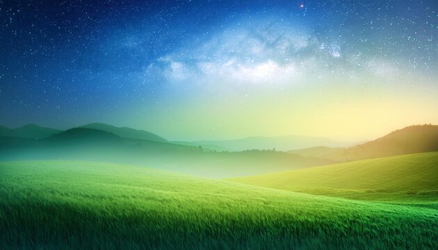 Milky Way Over Dreamy Meadow: A serene landscape bathed in the ethereal glow of the Milky Way, where rolling hills meet a misty meadow, painting a picture of peace and tranquility. 