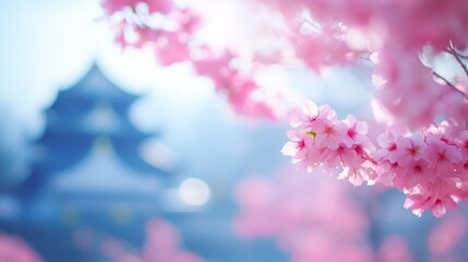 Fototapeta premium Dreamy scene of osaka castle surrounded by delicate pink cherry blossom in bloom