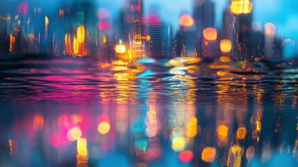 Fototapeta premium Blurry city lights reflected in rain-slicked street.