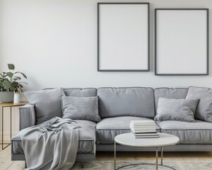 A minimalist living room interior with a grey sofa. a coffee table. and two empty frames on the wall The room is decorated with dried pampas grass in a white vase and a white blanket draped over the s