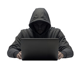 Hooded Hacker Using Laptop, Isolated on Transparent Background for Cybersecurity, Hacking, and Digital Crime Concepts
