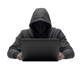Hooded Hacker Using Laptop, Isolated on Transparent Background for Cybersecurity, Hacking, and Digital Crime Concepts
