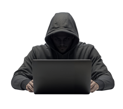 Hooded Hacker Using Laptop, Isolated on Transparent Background for Cybersecurity, Hacking, and Digital Crime Concepts
