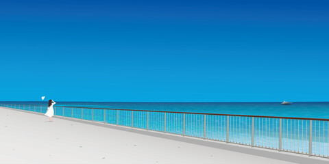 A woman at seaside walkway in sunny day have blue sky background graphic illustration. Traveling in summer concept have blank space.