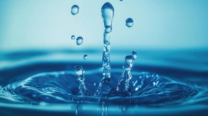 Close-up of vibrant water droplets splashing on a serene blue surface, capturing the essence of freshness and purity in nature.
