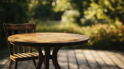 Rustic wooden table and chair in an elegantly blurred outdoor background, perfect for highlighting products in a natural setting.
