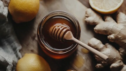 Wooden spoon in honey jar with ginger and lemon on table, highlighting natural moisturizing and strengthening properties of ingredients.