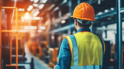 Construction Worker in Safety Gear Inside Industrial Warehouse