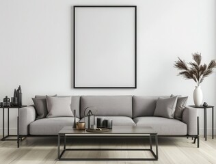 A modern living room with a gray sofa. a coffee table. and a large black framed artwork The room is decorated in a minimalist style with a gray wall and wooden floor
