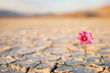 Flower blooming tall amidst dry, cracked land, showcasing resilience against harsh environment. The concept of reviving life and hope