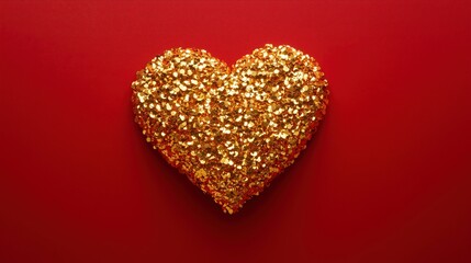 Fototapeta premium A shimmering heart made of golden particles on a rich red background.
