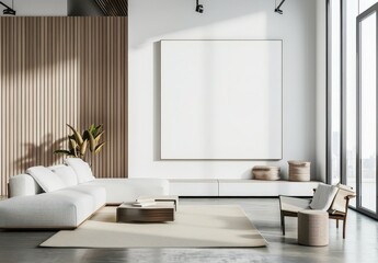 Minimalist living room with white walls. wooden beams. a large sofa. and a view of the ocean through large windows
