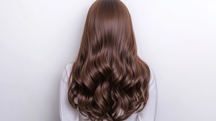 Obraz premium Lustrous chocolate brown wig with soft waves displayed against a white background, highlighting the beauty of human hair extensions for women.