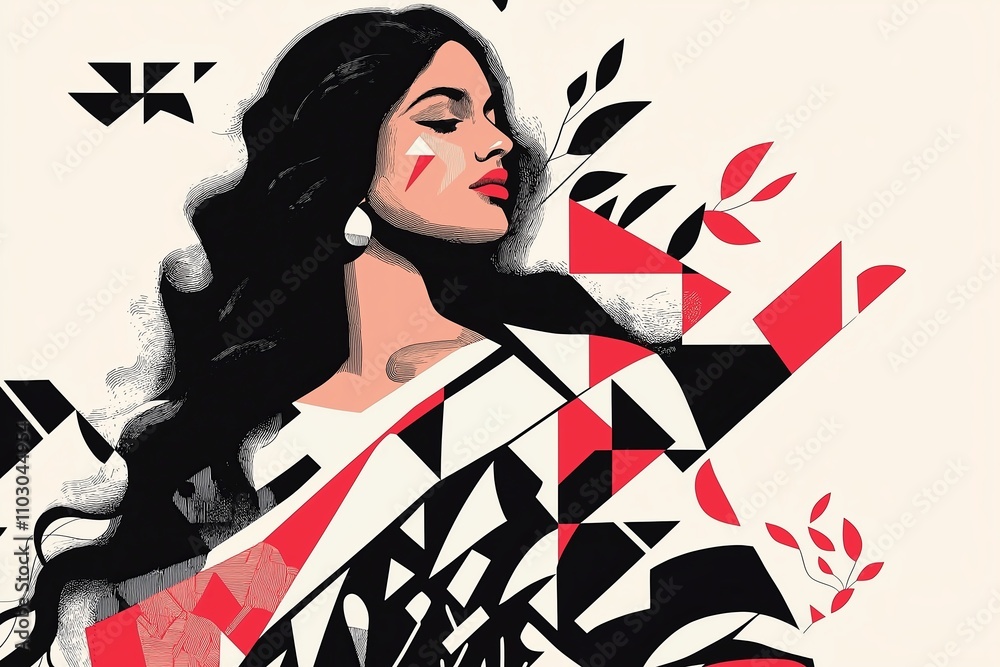 Poster an abstract minimalist interpretation of a woman wearing a saree, with geometric patterns forming th