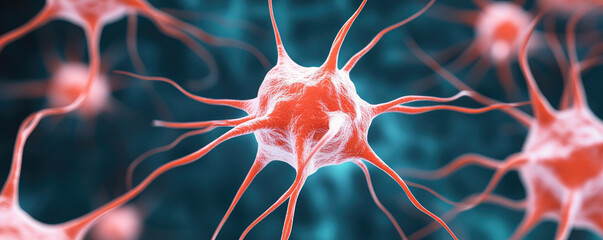 Abstract neuron cells concept, intricate 3D illustration, selective focus on foreground, vibrant colors, ideal for scientific or educational use.