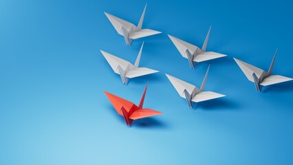 Different business concept.new ideas. paper art style. creative idea.red leader swan, standing out from the crowd of white swans.3D rendering on blue background.