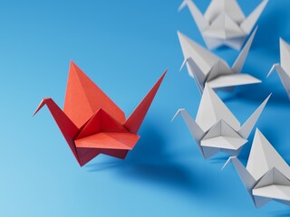 Different business concept.new ideas. paper art style. creative idea.red leader swan, standing out from the crowd of white swans.3D rendering on blue background.
