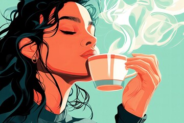 A woman sipping chai, with steam rising in clean, wavy lines.