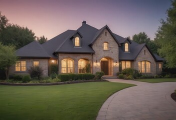 A spacious house featuring a brick walkway that leads directly to it
