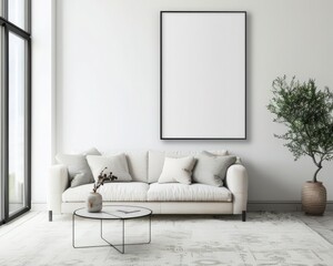 Minimalist living room interior design with a white sofa. coffee table. and a large blank frame on the wall