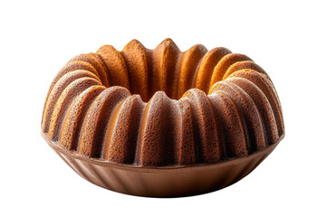 Brown bundt cake sitting on a white surface highlighting its unique texture and shape
