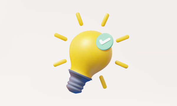 3D vector Yellow light bulb with Green correct mark verify isolated on pastel background. startup creativity idea technology innovation vision combine investment concept. illustration