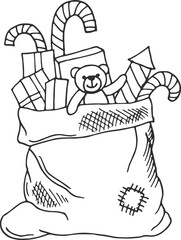 Santa gifts bag drawing. Holiday present sack