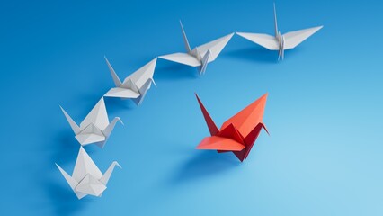 Different business concept.new ideas. paper art style. creative idea.Red and white paper swan. leader swan concept.3D rendering on blue background.