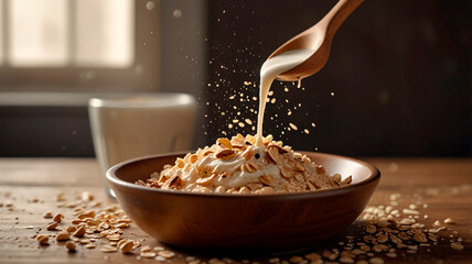 oatmeal in a bowl, milk drops and splashes