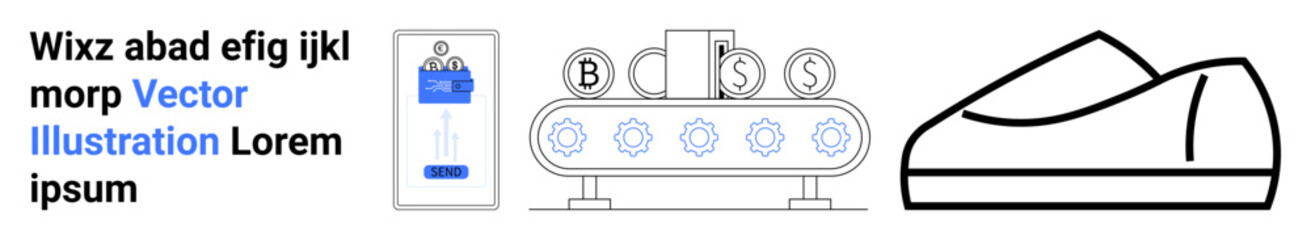 Conveyor belt with Bitcoin, Dollar, and Cent icons, mobile phone with a chart, and a simple shoe outline. Ideal for automation, finance, cryptocurrency, technology, manufacturing, minimalism