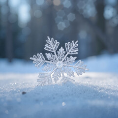 Crystal snowflake on snowy ground in winter sunlight, frosty beauty