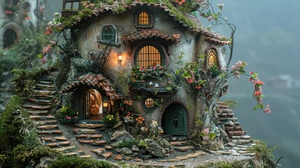 Obraz premium Celestial fairy home: ethereal doll villa with outdoor stairs and a heavenly fairy sky