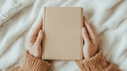 Neutral-toned image of hands holding a plain notebook cozy sweater background highlighting simplicity and creative possibilities
