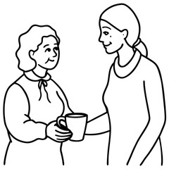 young woman giving a cup of drink to an old woman