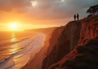 Fototapeta premium Sunset view from cliff with two people overlooking ocean and coastline scenery