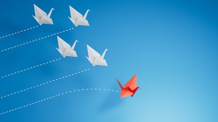 Red paper origami swan have individual direction from unique white swans in different way. Business strategy and opportunity concept.3D rendering on blue background. © feng
