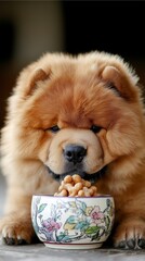 Chow Chow dog brown with fluffy soft fur enjoying a treat from a cute, colorful bowl joyful happy food