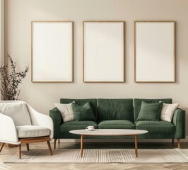A modern living room interior with a green sofa. three blank frames. and a coffee table