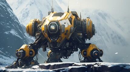 A massive dormant robot lies in a snowy mountain valley its towering presence an enigmatic relic from a bygone era  As travelers approach the scale and mystery of this colossal