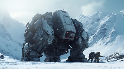 Massive dormant robot lies in a remote snowy mountain valley towering over the landscape as curious travelers approach the mysterious futuristic machine  The scene evokes a sense of wonder adventure