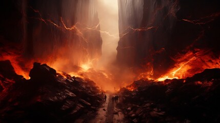 Angelic Fury vs Demonic Rage A Fiery Clash of Light and Dark Forces in the Volcanic Landscape  Epic battle between powerful celestial and infernal beings amid the chaos of a raging storm