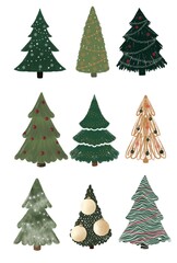 Set of various christmas trees. For holidays designs, poster, postcards, textiles.