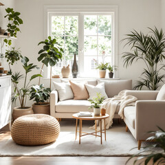 A cozy living room with a focus on plants and natural light