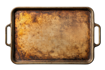 Weathered baking tray on a neutral background showcasing years of use in various cooking activities and baking adventures