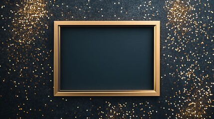 Elegant Gold Framed Black Chalkboard Surrounded by Glittering Gold Confetti on Dark Surface for Celebratory and Decorative Use in Events and Parties