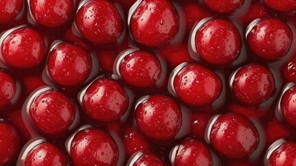 Vibrant red cherries glistening with water droplets, densely packed for a vibrant and refreshing visual treat.