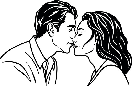 recommend clip art: line drawing of couple kissing, line art vector illustration