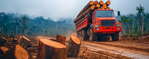Logging operation in forested area heavy-duty truck transporting timber nature environment