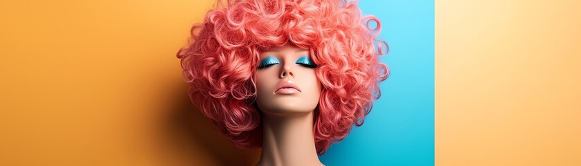A vibrant mannequin with a pink curly wig and bright blue eye makeup set against a dual-colored background of orange and teal.
