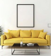 A modern living room interior with a yellow sofa. two round coffee tables. and a black framed artwork on the wall